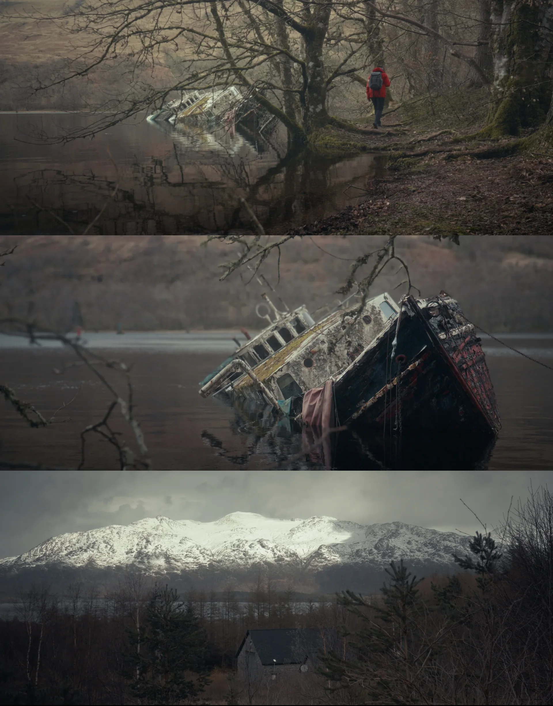 Filmové stills – průzkum vraků a zasněžená krajina