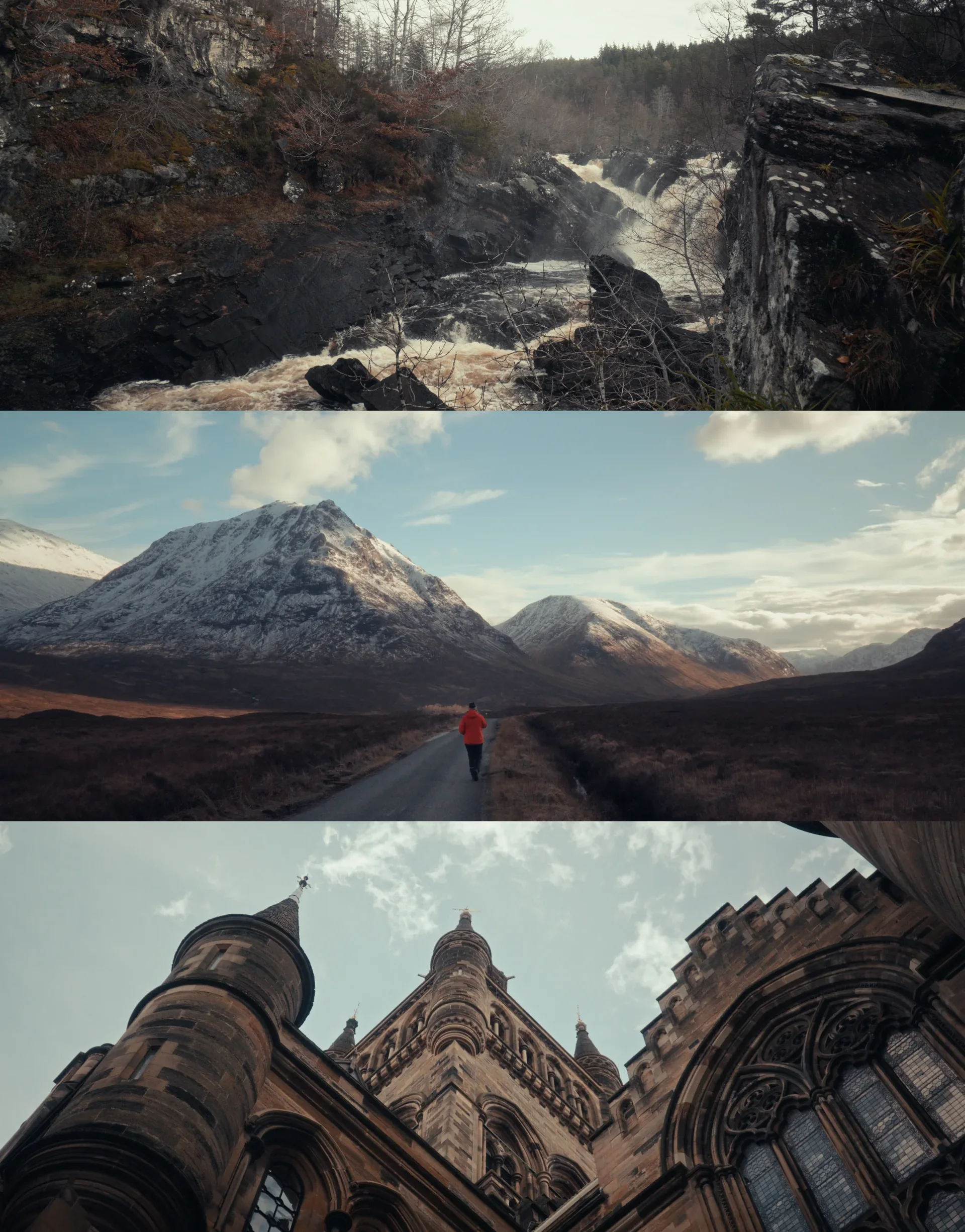 Filmové stills – vodopád, horské údolí a skotská architektura